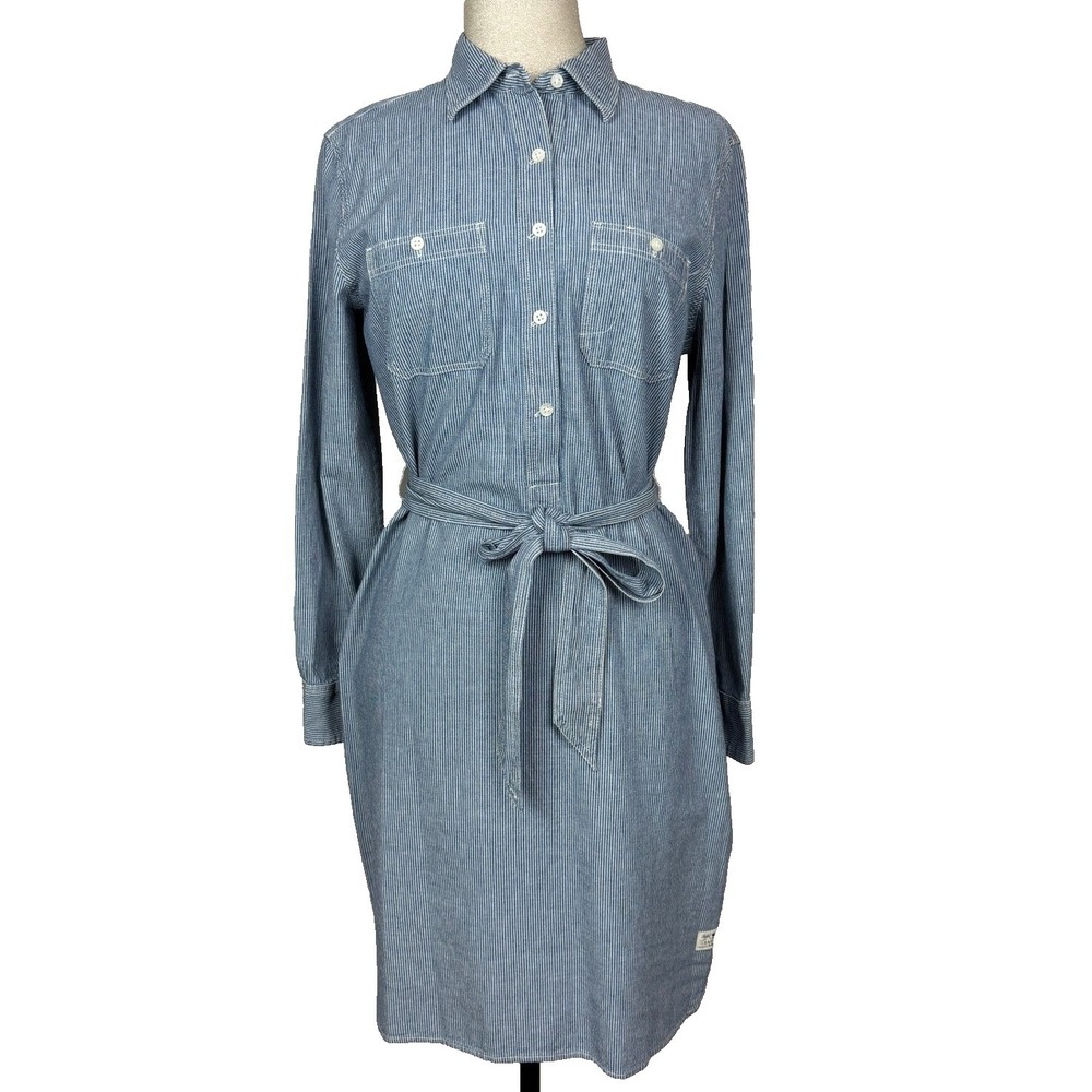 Lauren Ralph Lauren Shirt Dress Womens M Blue Stripe Cotton Belt Preppy Coastal